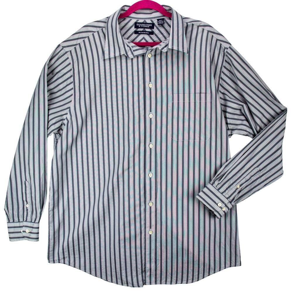 Men's 2XT Gray Stripe Button Up Shirt Long Sleeve Big Tall Roundtree & Yorke